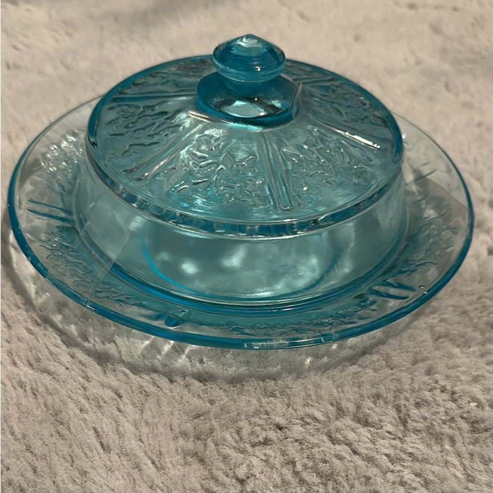 Vintage Blue Glass Butter Dish